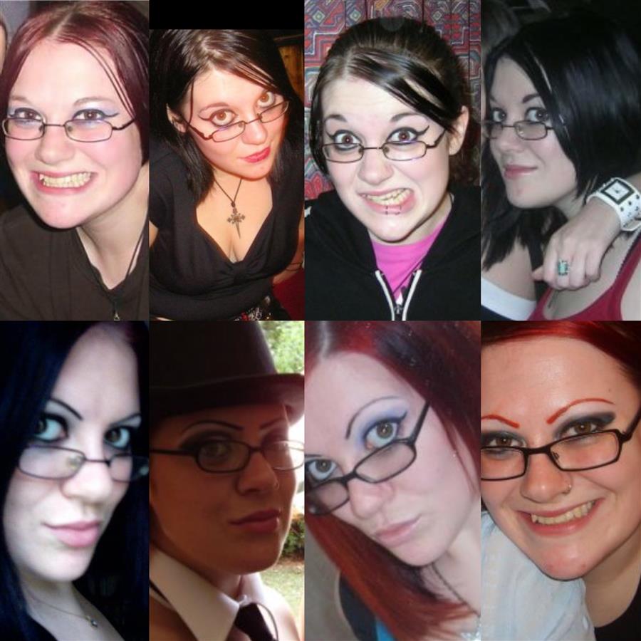 Various photos of Ms Moo wearing glasses with different eyebrow shapes